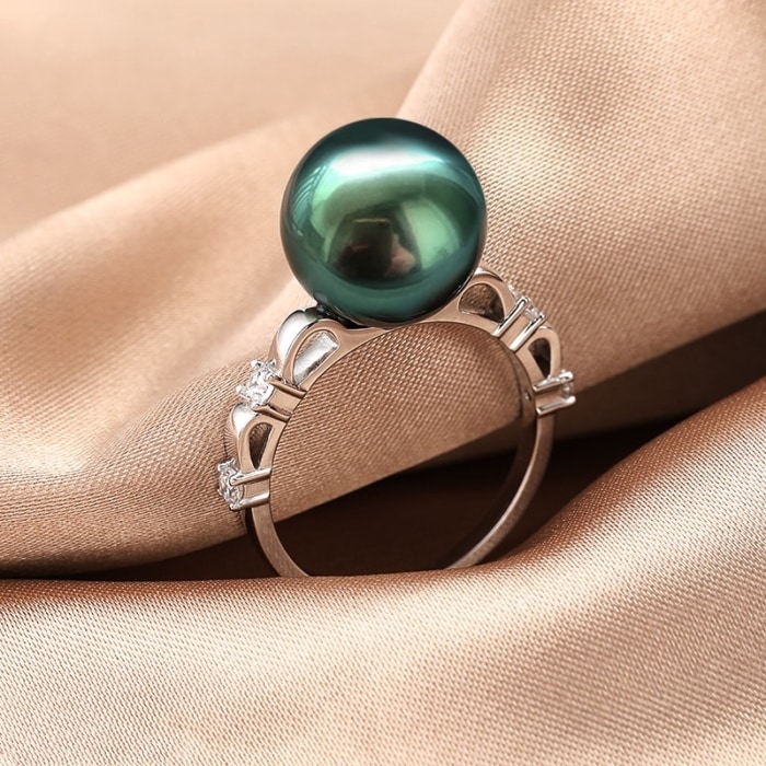 12.0mm AAA runde schwarze Tahiti Perlenring mit Diamant – Bild 4