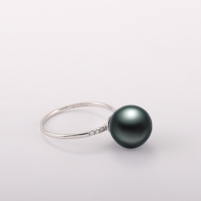 9.0-12.0mm AAA Weißgold Schwarze Tahiti Perle Ring mit Diamanten – Bild 3