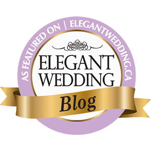 Circular badge with a gold banner and the text 'As Featured on ElegantWedding.ca'
