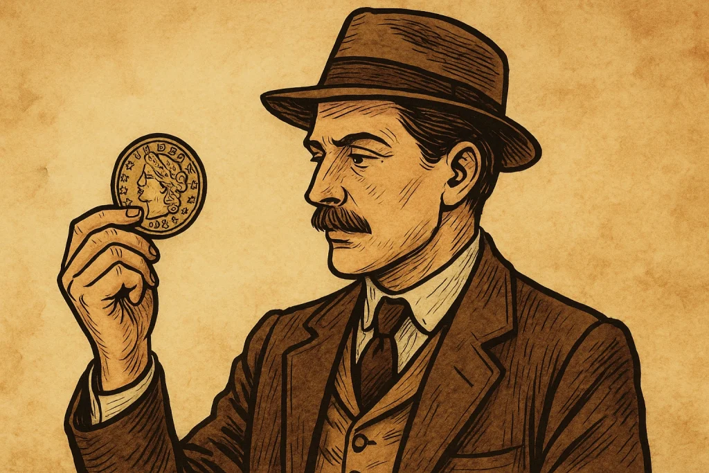 A vintage-looking stylish man holds an old US coin.