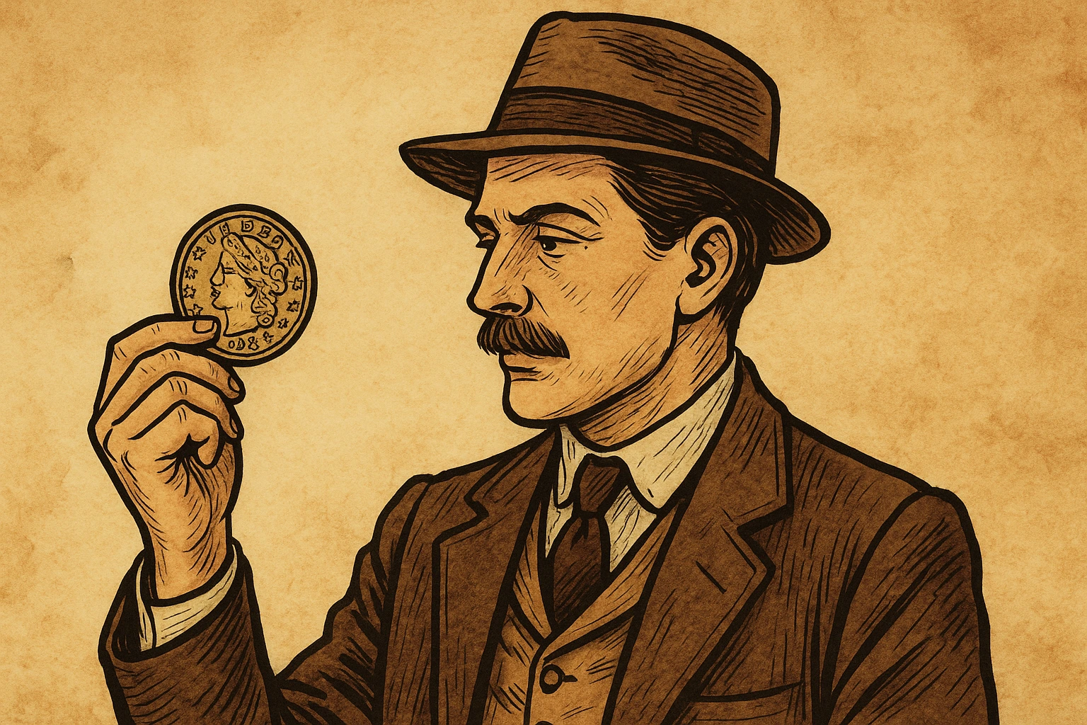 A vintage-looking stylish man holds an old US coin.