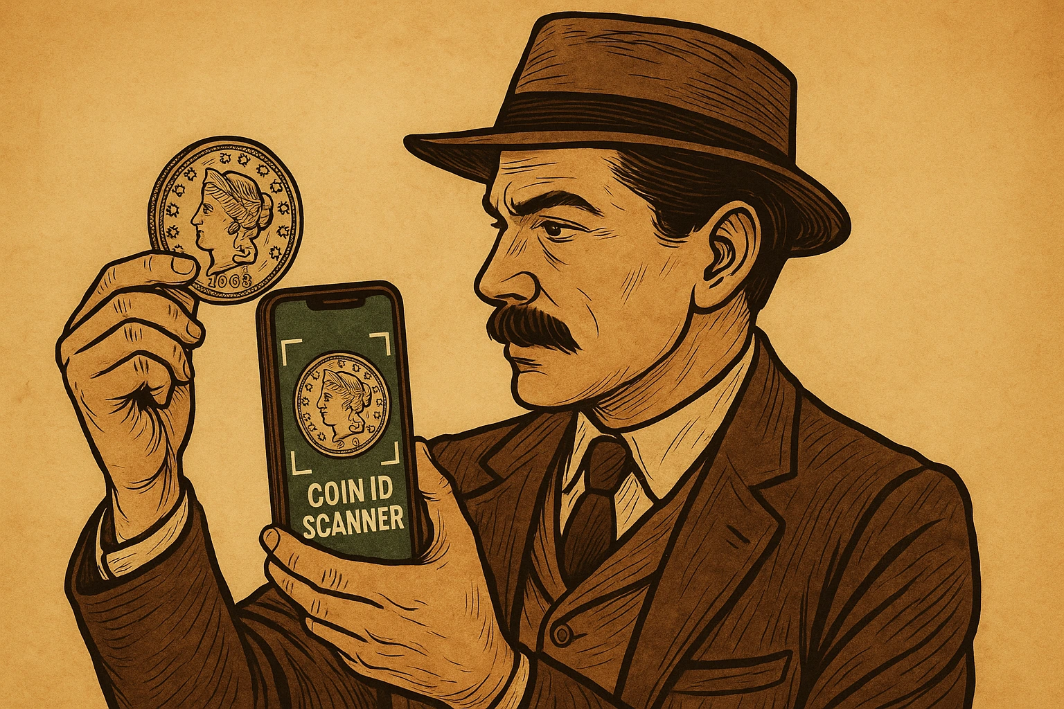 A man in a hat scans the antique coin via the Coin ID Scanner app.
