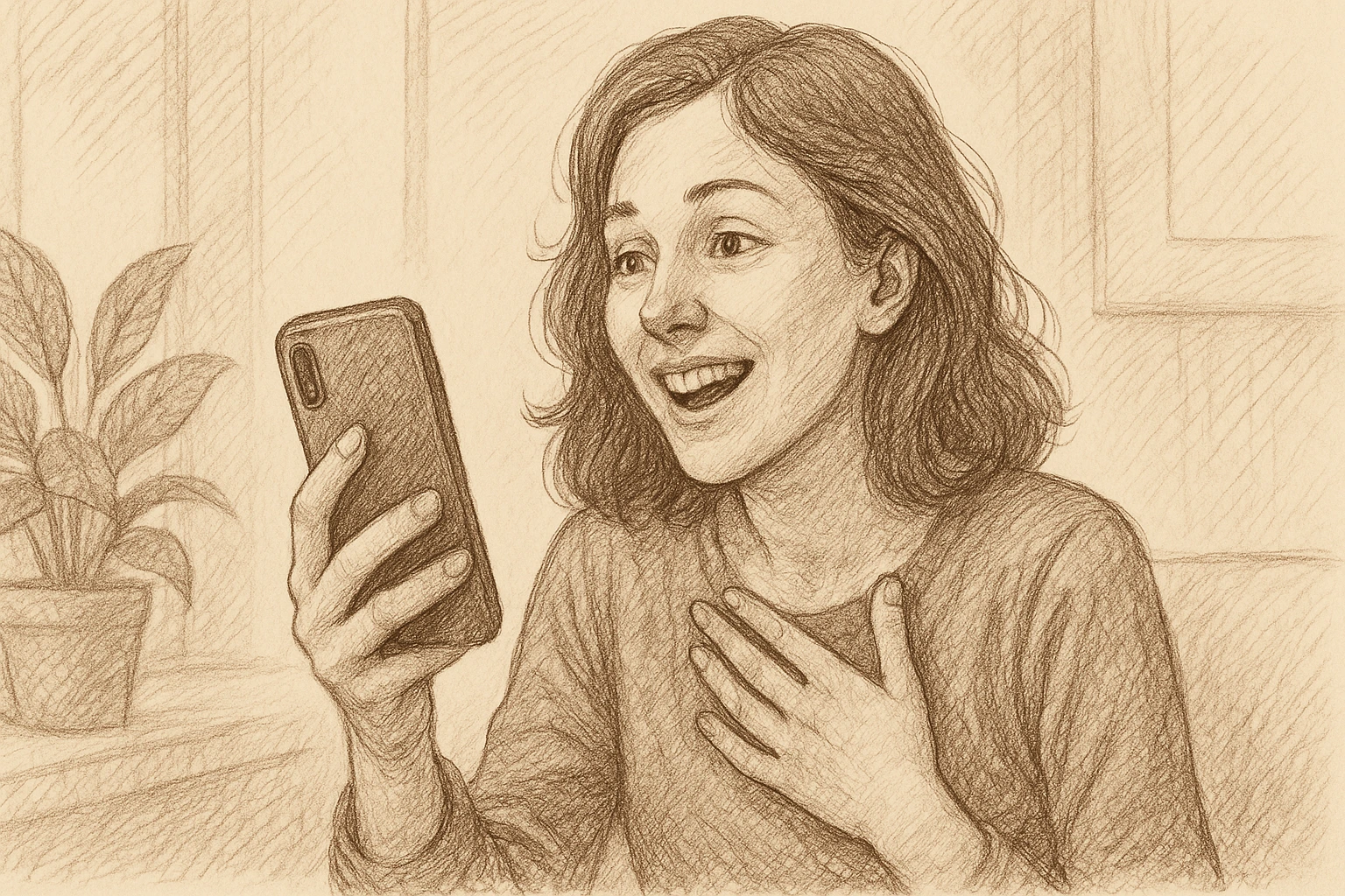 A woman finds her once-lost smartphone and smiles happily.