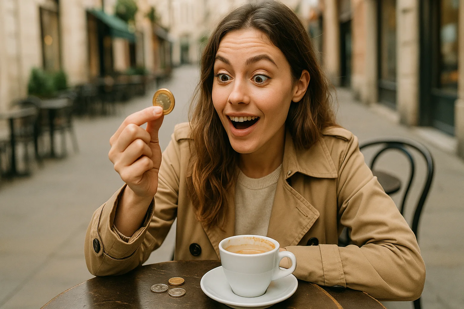 A young woman at a street café joyfully inspects a coin she just found among her change — a possible hidden jewel in plain sight.