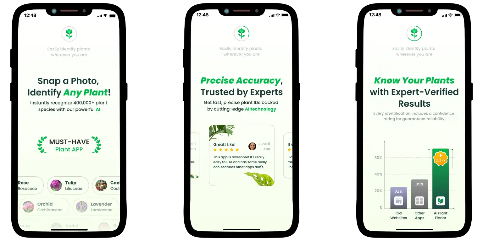 AI Plant Finder promo screens.