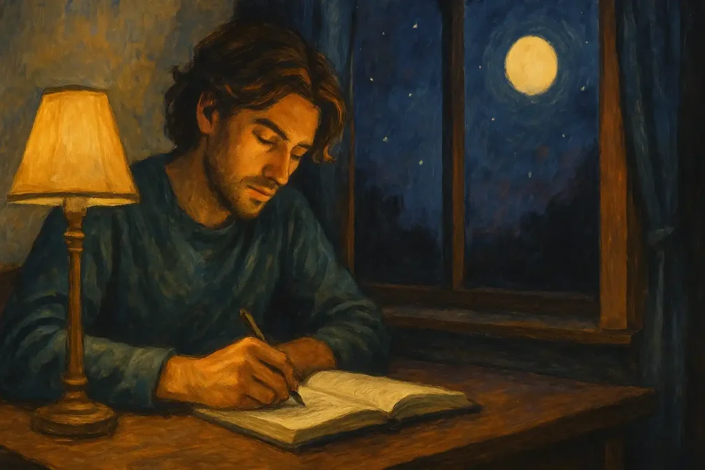 A philosopher is writing a diary at night.