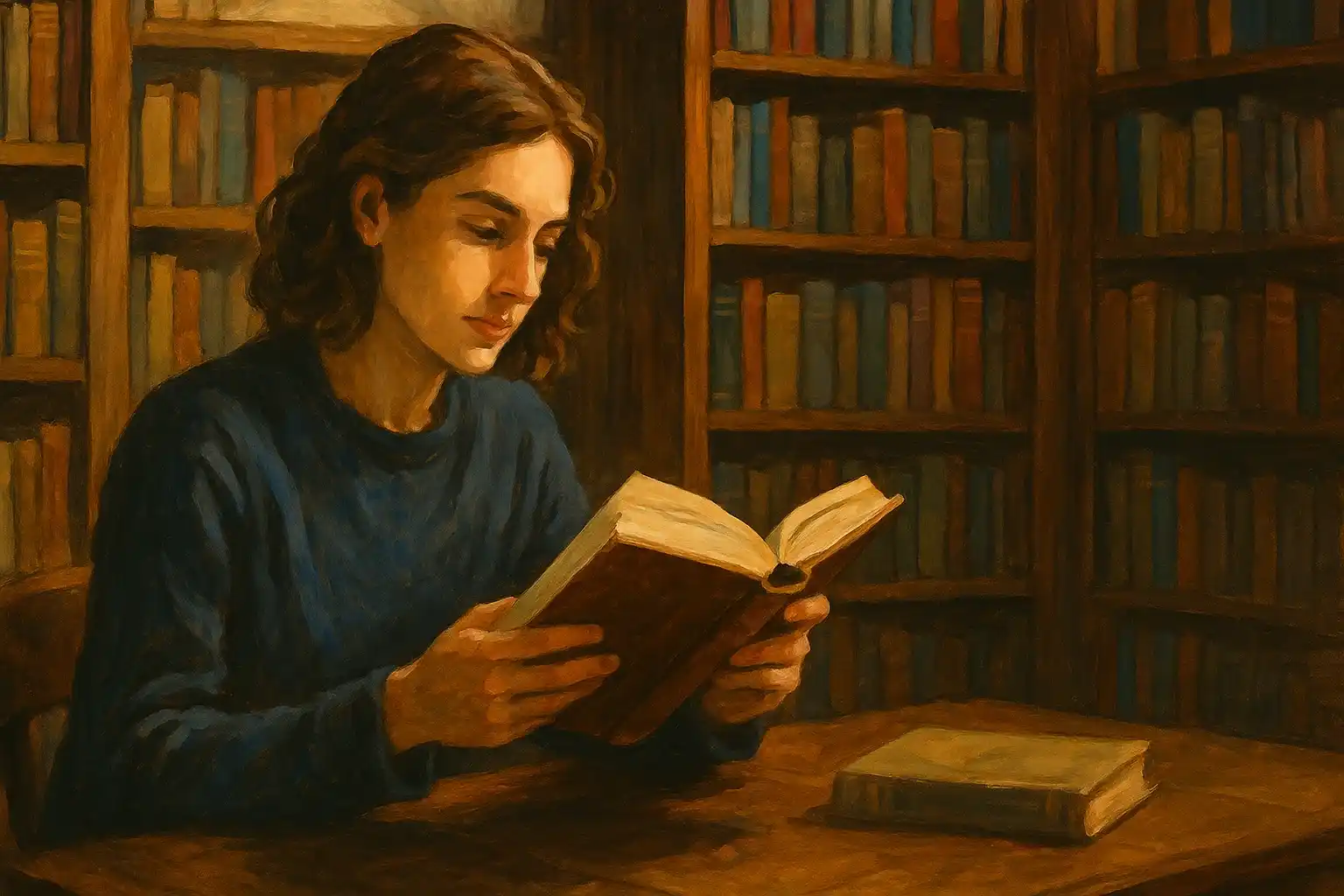 A student reads a book in a library.