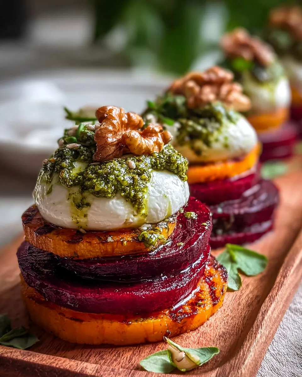 Sweet Potato and Beet Stacks with Pesto and Burrata Recipe
