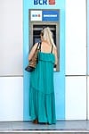 woman, long dress, atm, banking, automated teller machine, shoulder bag, bank, building, street, urban, atm, atm, atm, atm, atm