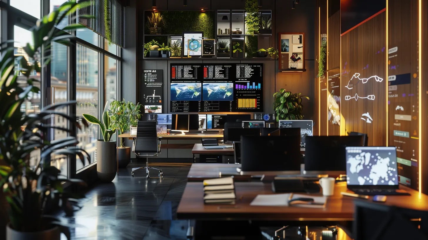 a sleek, modern office workspace filled with multiple screens displaying a comprehensive dashboard of mobile device management metrics, highlighting security alerts and device statuses in vibrant colors.