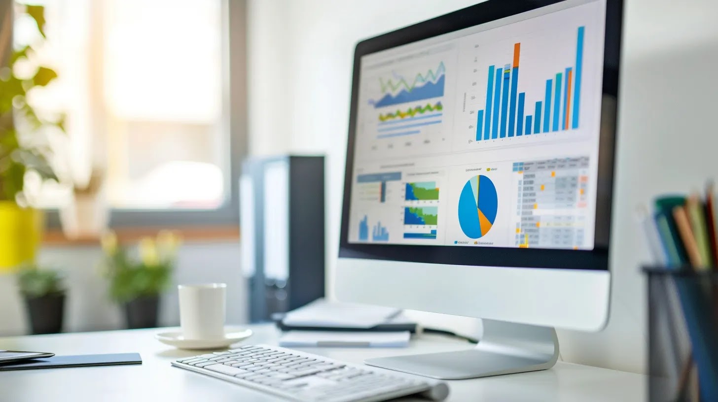 a sleek, modern office setting showcases a large monitor displaying a dynamic digital dashboard filled with colorful graphs and indicators depicting cyber threat intelligence, emphasizing the critical role of indicators of compromise in enhancing corporate security measures.