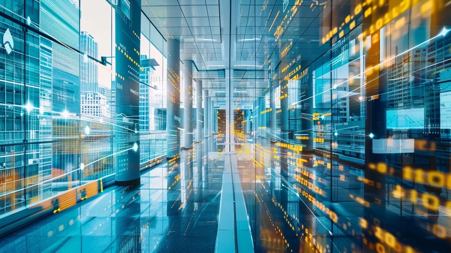 a sleek, modern office space features multiple high-tech displays showcasing data flows and analytics, emphasizing the intricate communication protocols of iot devices in a vibrant, digital workspace.