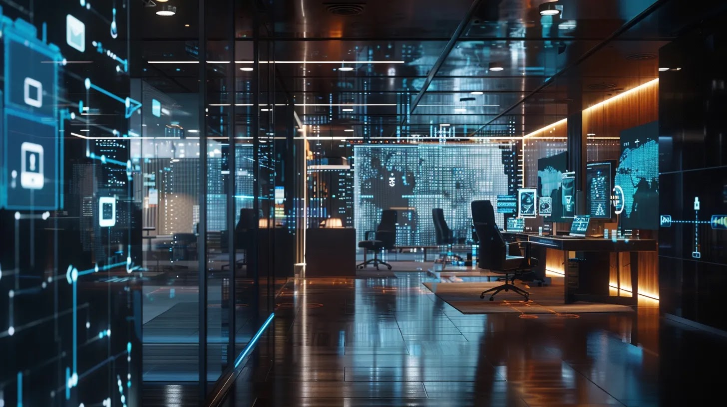 a sleek, modern office filled with advanced iot devices connected to displays, illustrating digital security challenges and communication protocol vulnerabilities through a visual contrast of locked and unlocked icons, underscored by a stark, high-tech atmosphere.