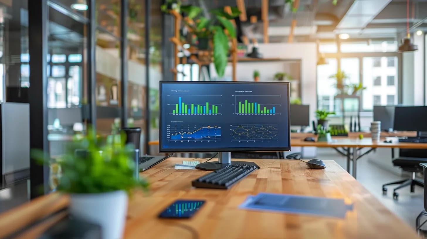 a sharp, modern office environment featuring multiple digital screens displaying vibrant graphs and analytics related to cybersecurity threats, emphasizing the concept of indicators of compromise in network security management.