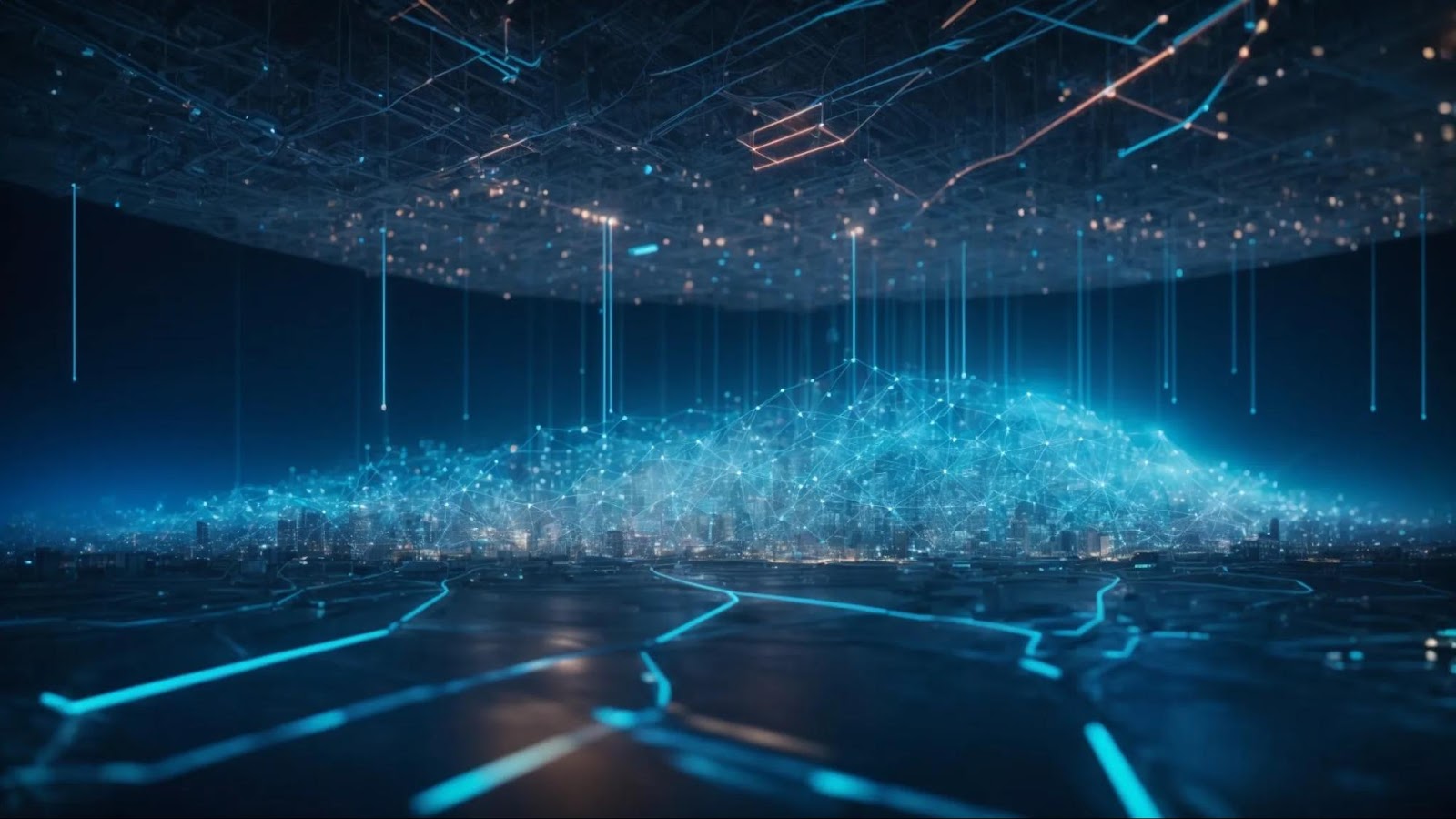 a visually striking digital landscape showcasing interconnected nodes representing a secure public key infrastructure, illuminated by a soft blue glow, symbolizing enhanced security and digital identity management in a modern tech environment.