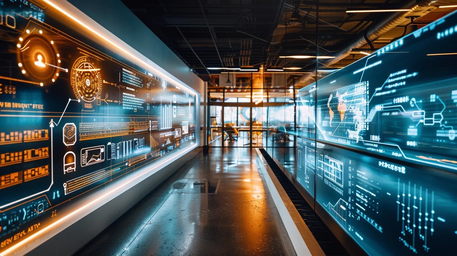 a sleek, high-tech office environment features a digital display showcasing intricate iot protocol security diagrams, illuminated by cool, futuristic lighting that emphasizes advanced technology concepts and smart city infrastructure monitoring.