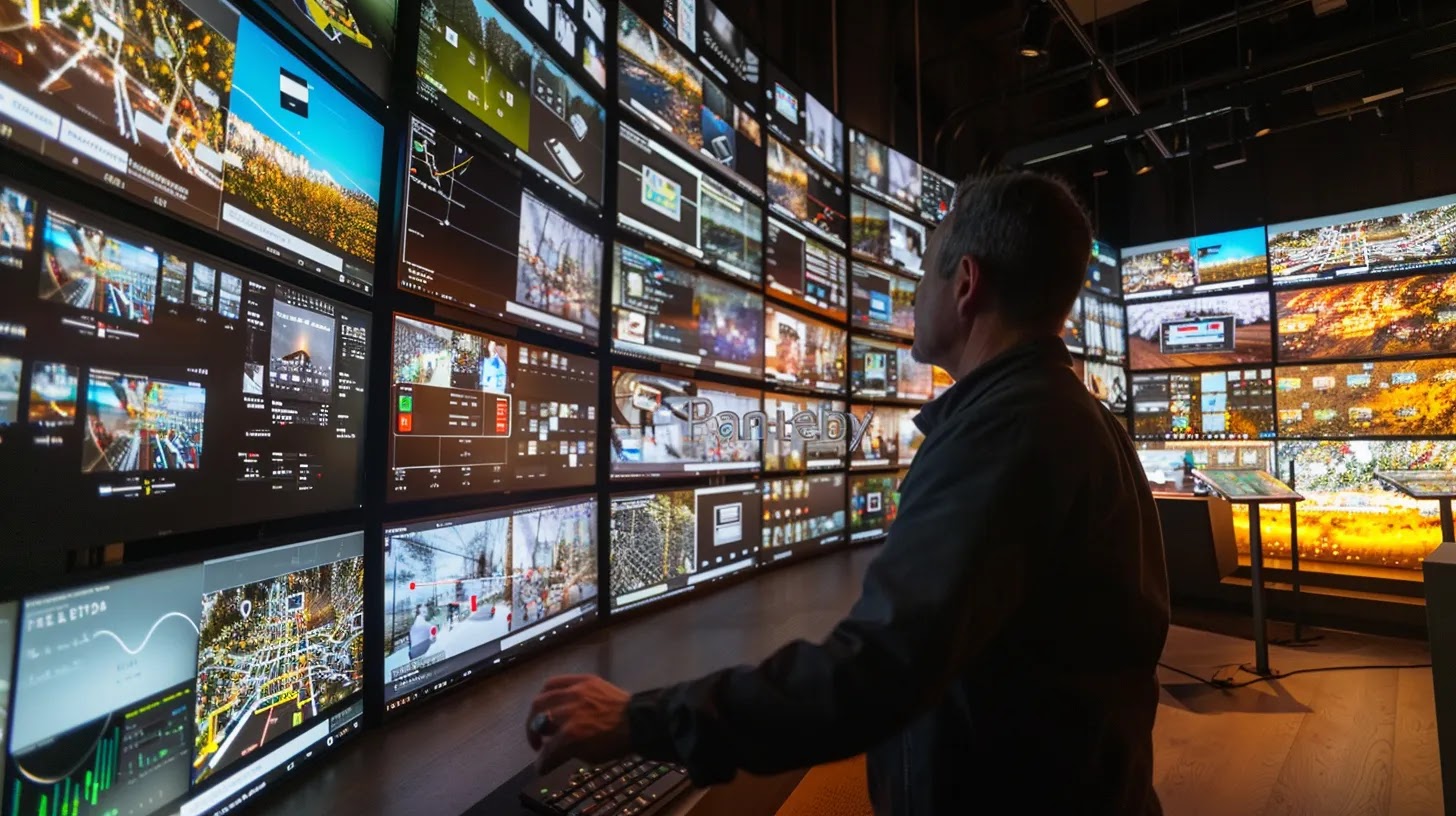 a high-tech urban control room filled with digital screens, displaying complex data visualizations and network maps illustrating the operations of iot botnets, illuminated by stark, artificial lighting that conveys a sense of urgency and sophistication.