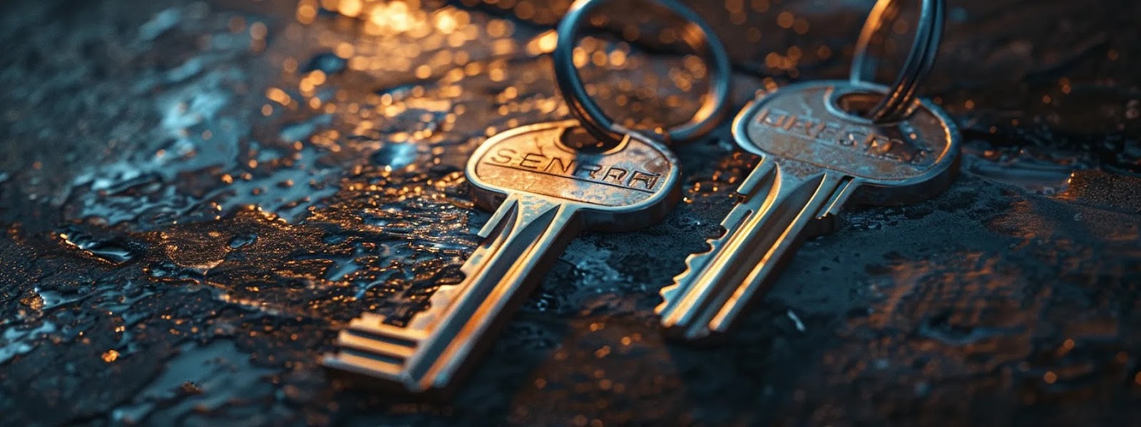 a vivid close-up of two distinct, intricately designed keys resting on a polished surface, illuminated by soft, diffused light, symbolizing the concept of asymmetric encryption in a modern digital context.