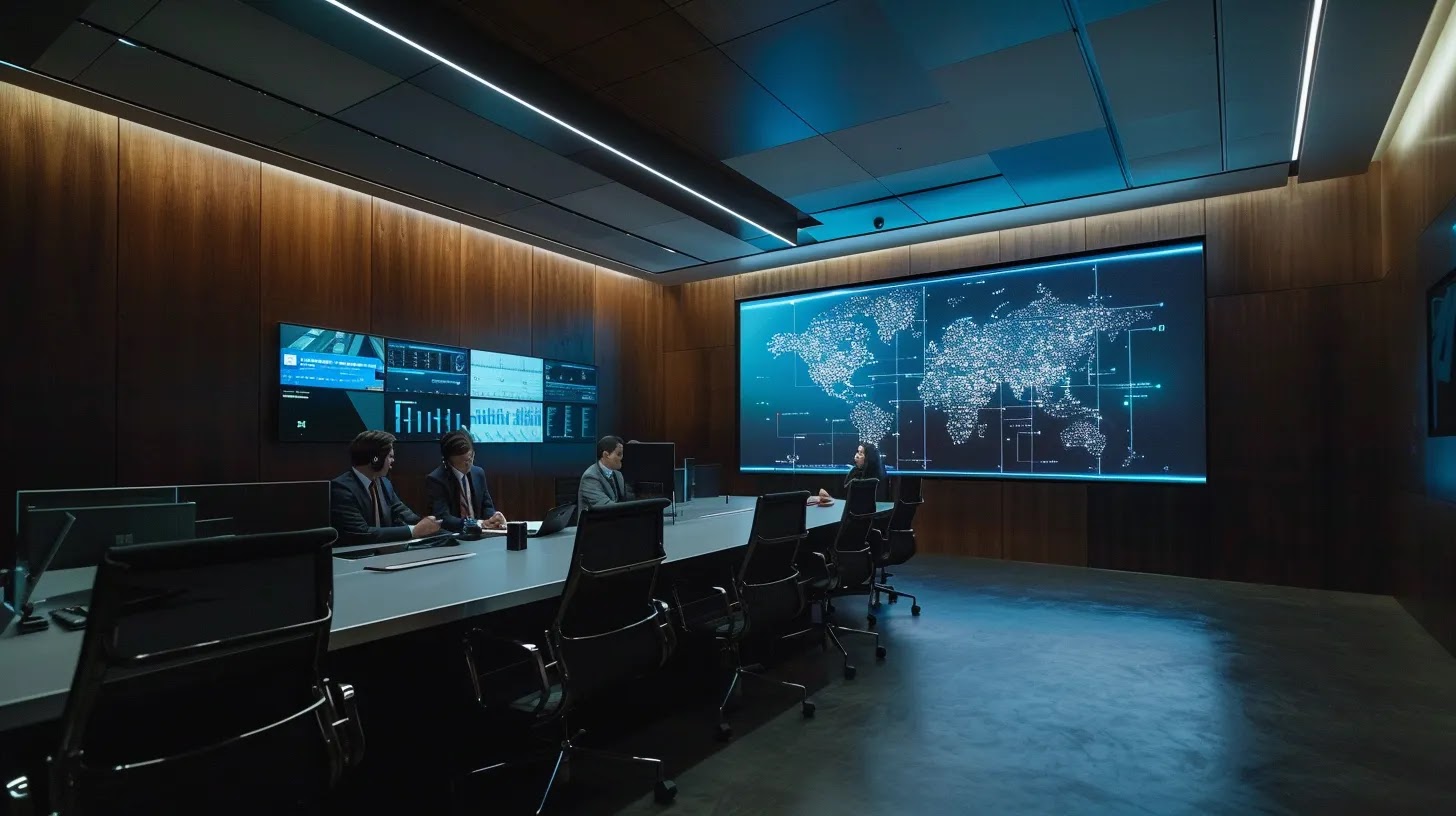 a sleek, modern office conference room with professionals engaged in a dynamic discussion around a large screen displaying the osi model, illuminated by soft artificial lighting that highlights detailed layer diagrams and cybersecurity icons.