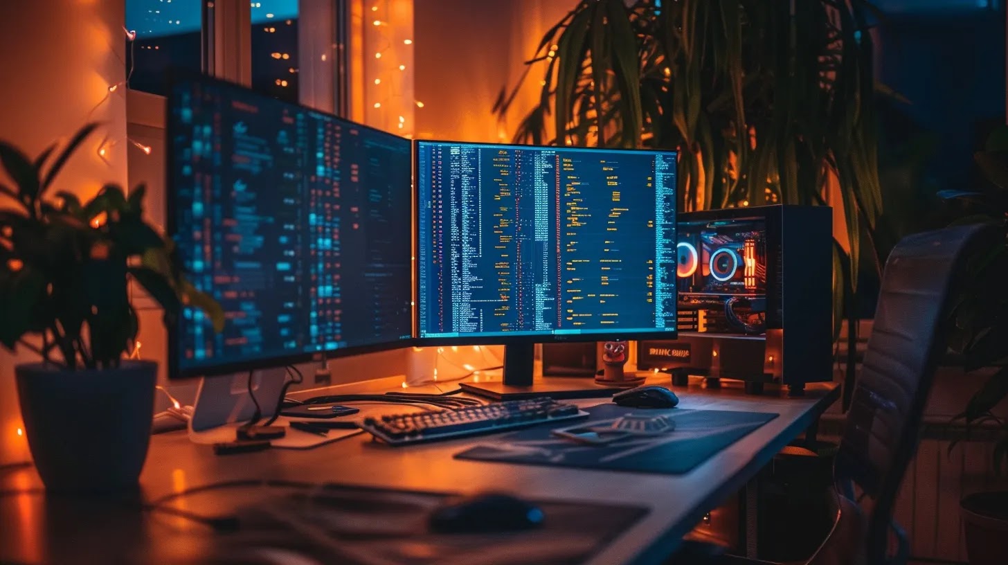 a sleek, modern office workspace is illuminated by soft artificial lighting, featuring a high-tech computer screen displaying a visual representation of api keys and their intricate authentication processes, symbolizing secure data management in software development.