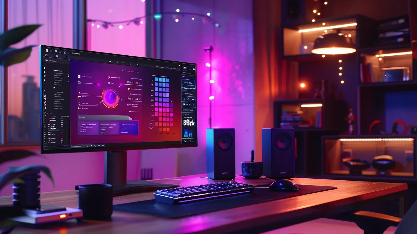 a sleek, modern office workspace featuring a high-tech computer screen displaying a visually engaging infographic about api keys, illuminated by vibrant led lights to emphasize the significance of digital authentication and security in software applications.
