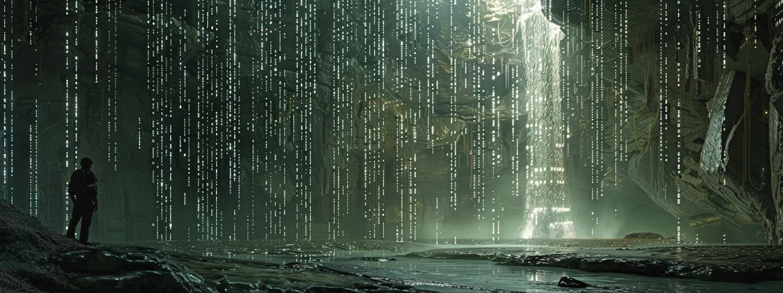 a futuristic digital landscape illuminated by cascading streams of binary code, symbolizing the evolution and complexity of encryption technology amidst a backdrop of quantum computing elements.