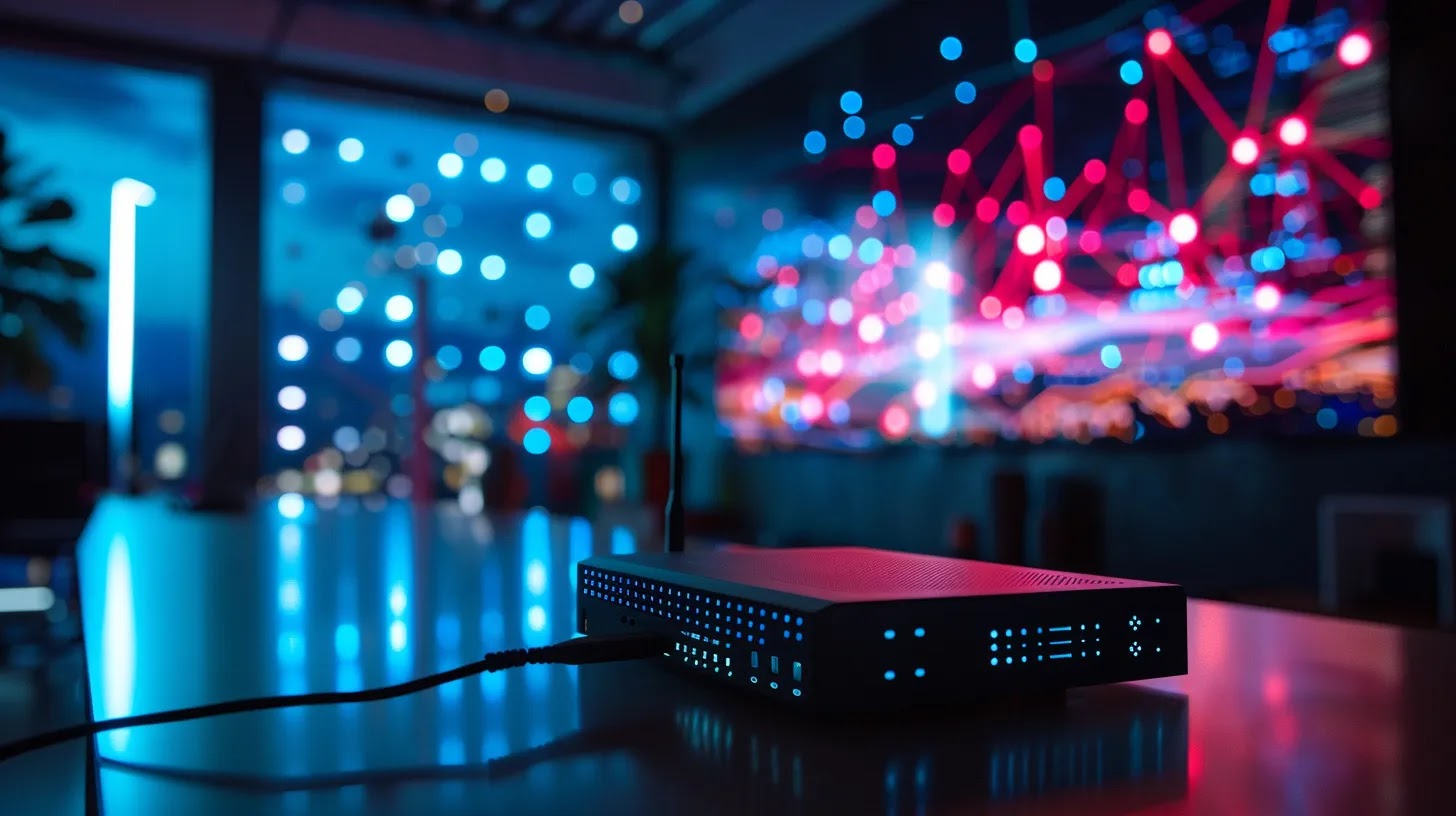 a modern office setting displays a sleek network router prominently on a polished desk, with vibrant digital visuals of mac address filtering and device security measures projected on a large screen in the background, emphasizing the theme of network access control and security.