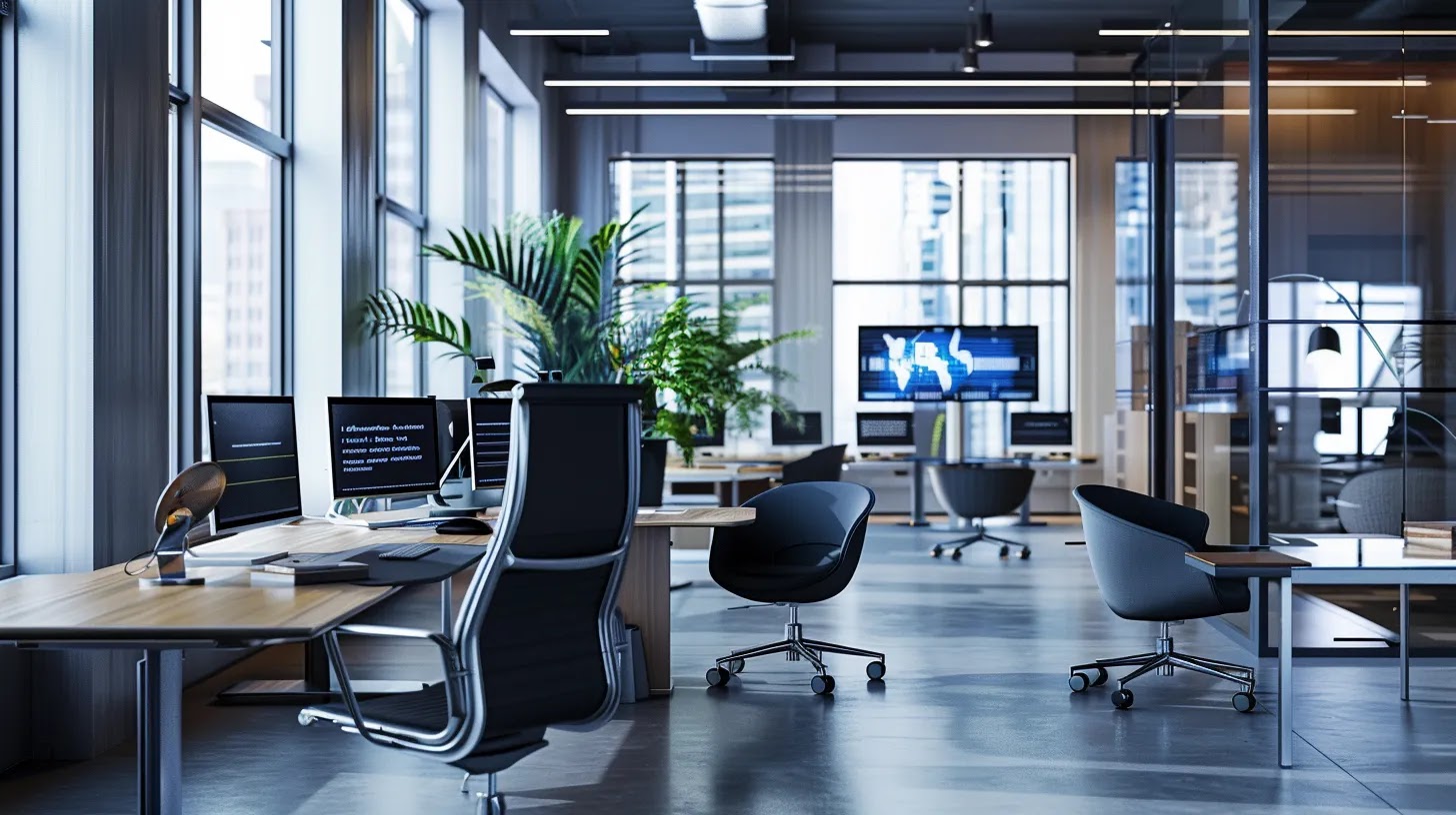 a sleek, modern office environment showcases a high-tech workstation with multiple screens displaying complex cybersecurity analytics and data visualizations, emphasizing the theme of endpoint detection and response (edr).