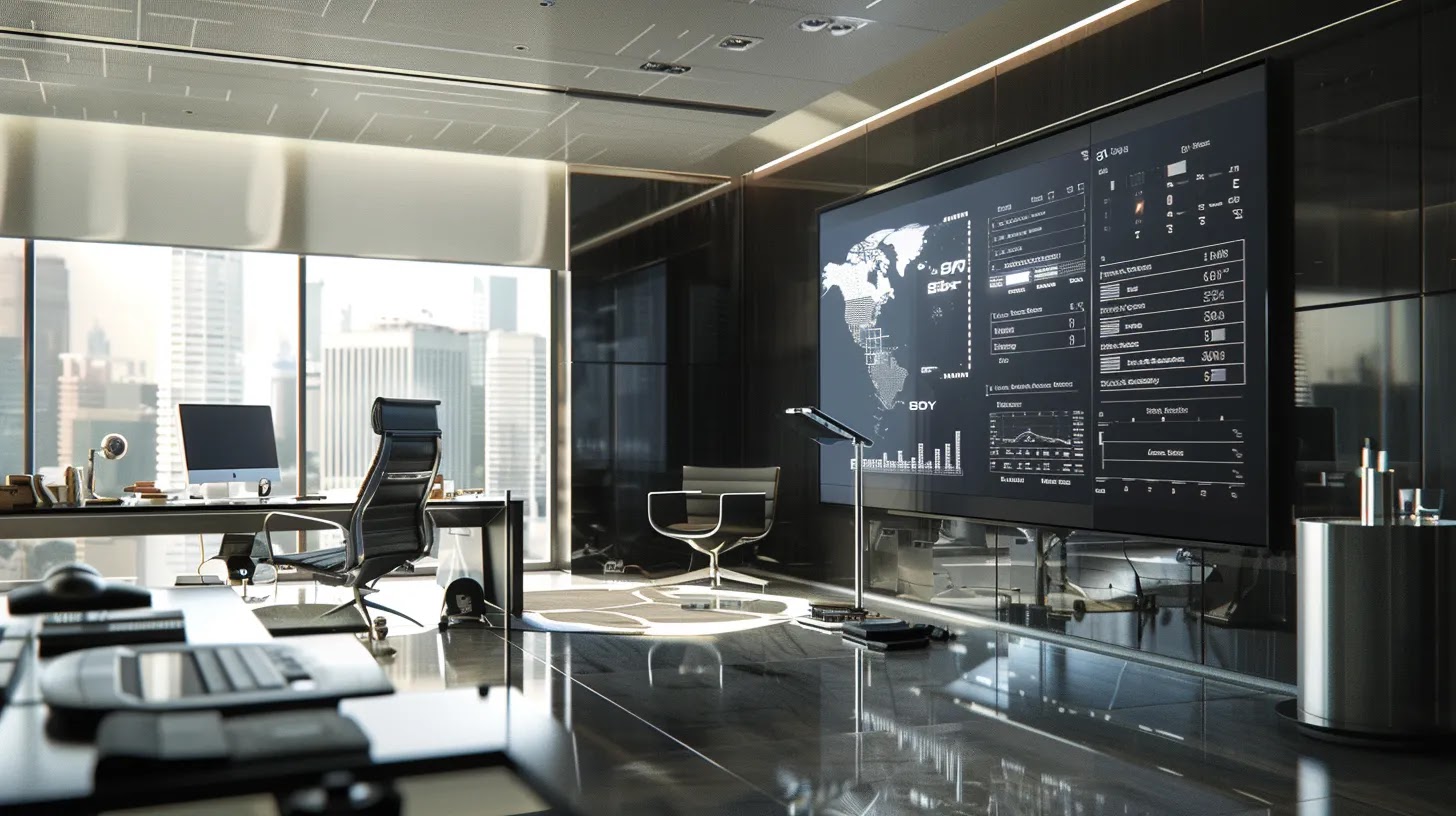 a sleek, modern office workspace displays a high-tech security dashboard on a large screen, showcasing analytical graphs and alerts related to removable media threats, with usb devices ominously placed nearby, highlighting the critical need for robust data protection strategies.
