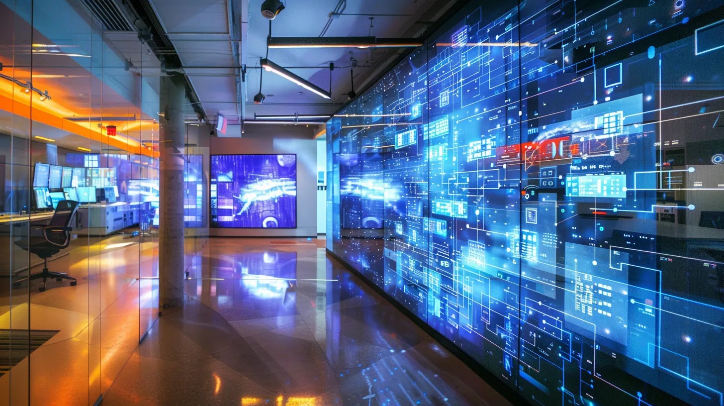 a sleek, modern office filled with glowing computer screens displaying interconnected data flow and code, symbolizing the complexity and power of iot botnets in a digital landscape.