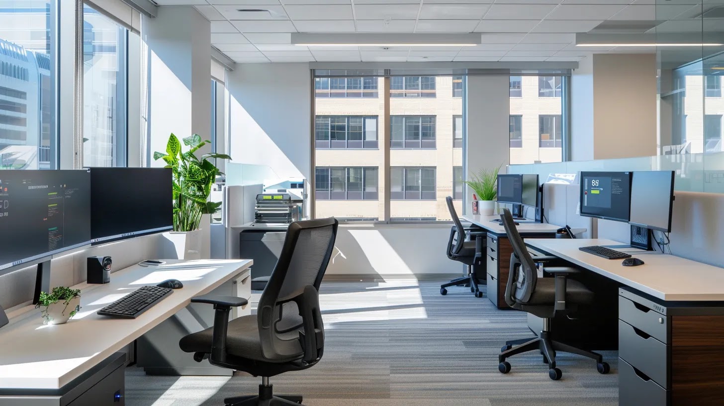 a sleek, modern office environment showcases a high-tech workstation with multiple monitors displaying isolated digital environments, emphasizing the concept of sandboxing in cybersecurity.