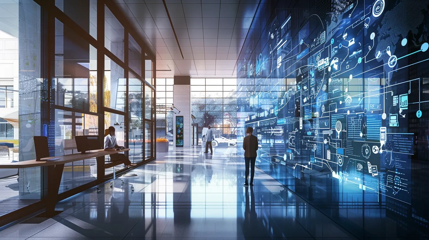 a modern tech office filled with sleek computers and digital displays, showcasing a cybersecurity expert engaged in a dynamic discussion on securing iot communication protocols, accentuated by vivid infographics highlighting encryption and authentication best practices.