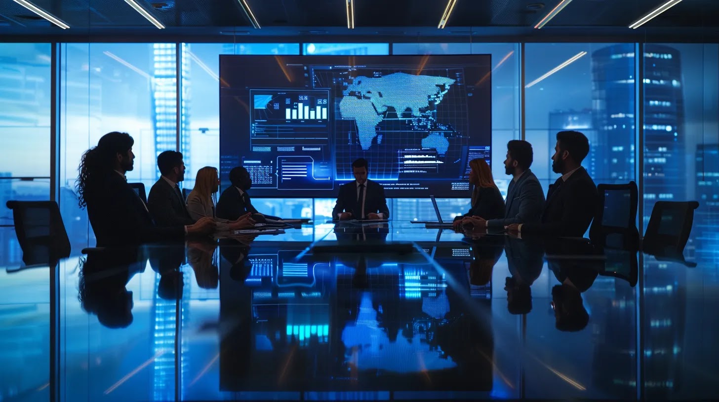 a sleek, modern office conference room features a large digital screen displaying a dynamic infographic on cloud security posture management, with professionals engaged in a focused discussion around a polished wooden table, illuminated by soft overhead lighting that enhances the room's high-tech ambiance.