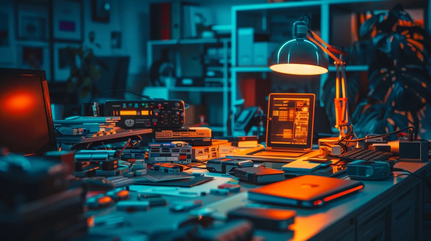 a sleek, modern office space is illuminated by harsh fluorescent lights, featuring a desk cluttered with various removable media devices, showcasing a stark contrast of vibrant usb drives and external hard drives against a backdrop of cybersecurity posters, emphasizing the looming threats of data breaches.