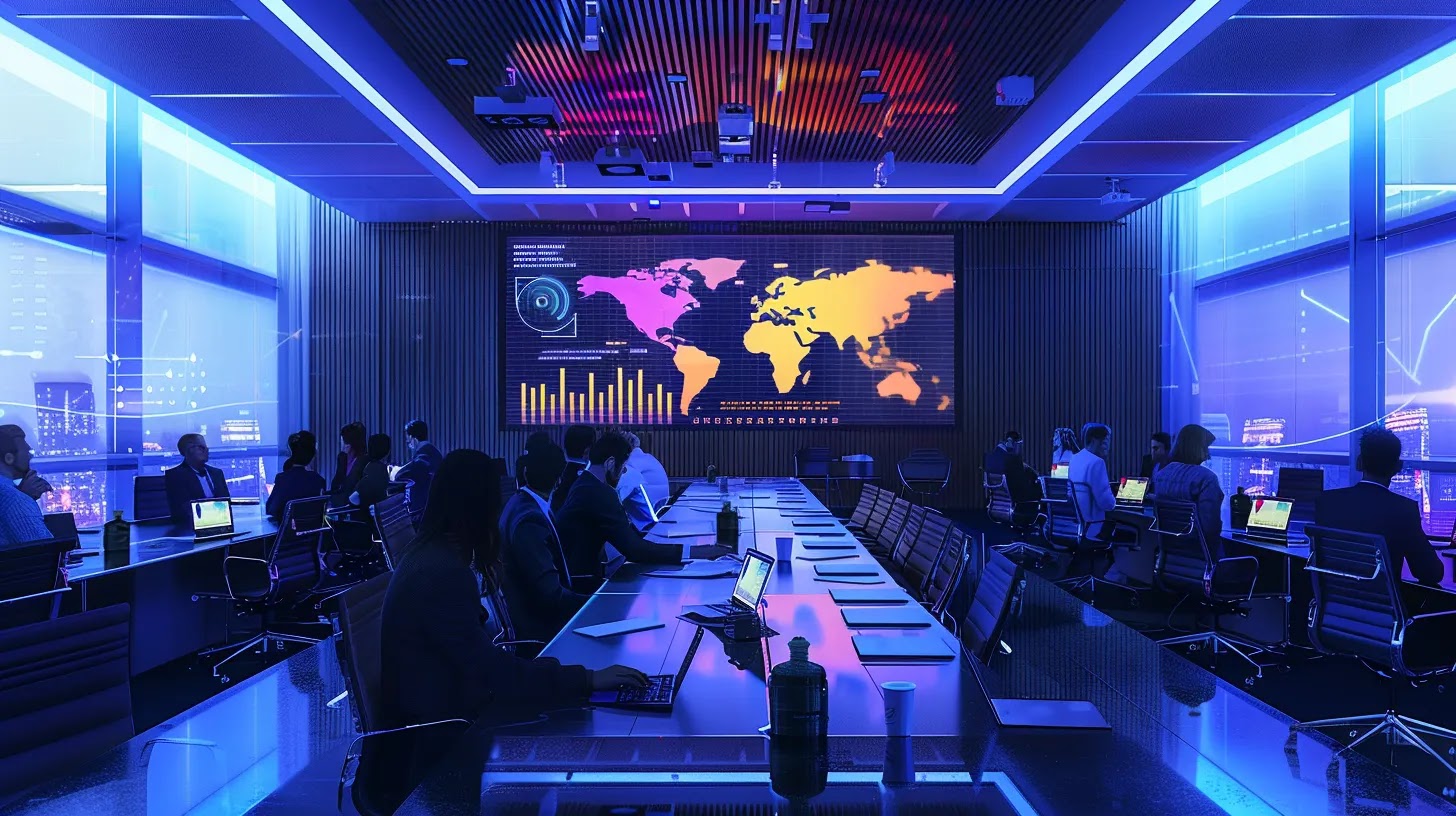 a sleek office conference room features a modern projector displaying a detailed infographic on removable media security threats, surrounded by engaged professionals in deep discussion, emphasizing the critical need for effective policies and incident response.