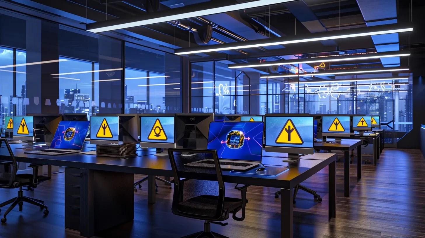 a sleek, modern office environment features a row of open laptops displaying caution symbols and data security graphics, emphasizing the critical need for vigilance against removable media threats.