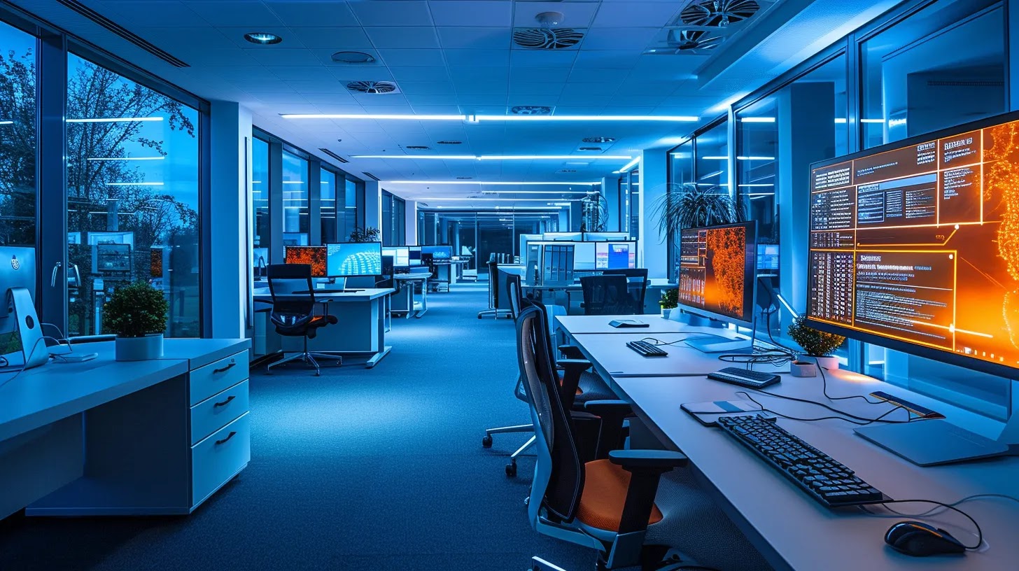 a modern office workspace featuring a sleek computer screen displaying a digital interface with api key management, illuminated by vibrant led lights, conveying a sense of security and technology.