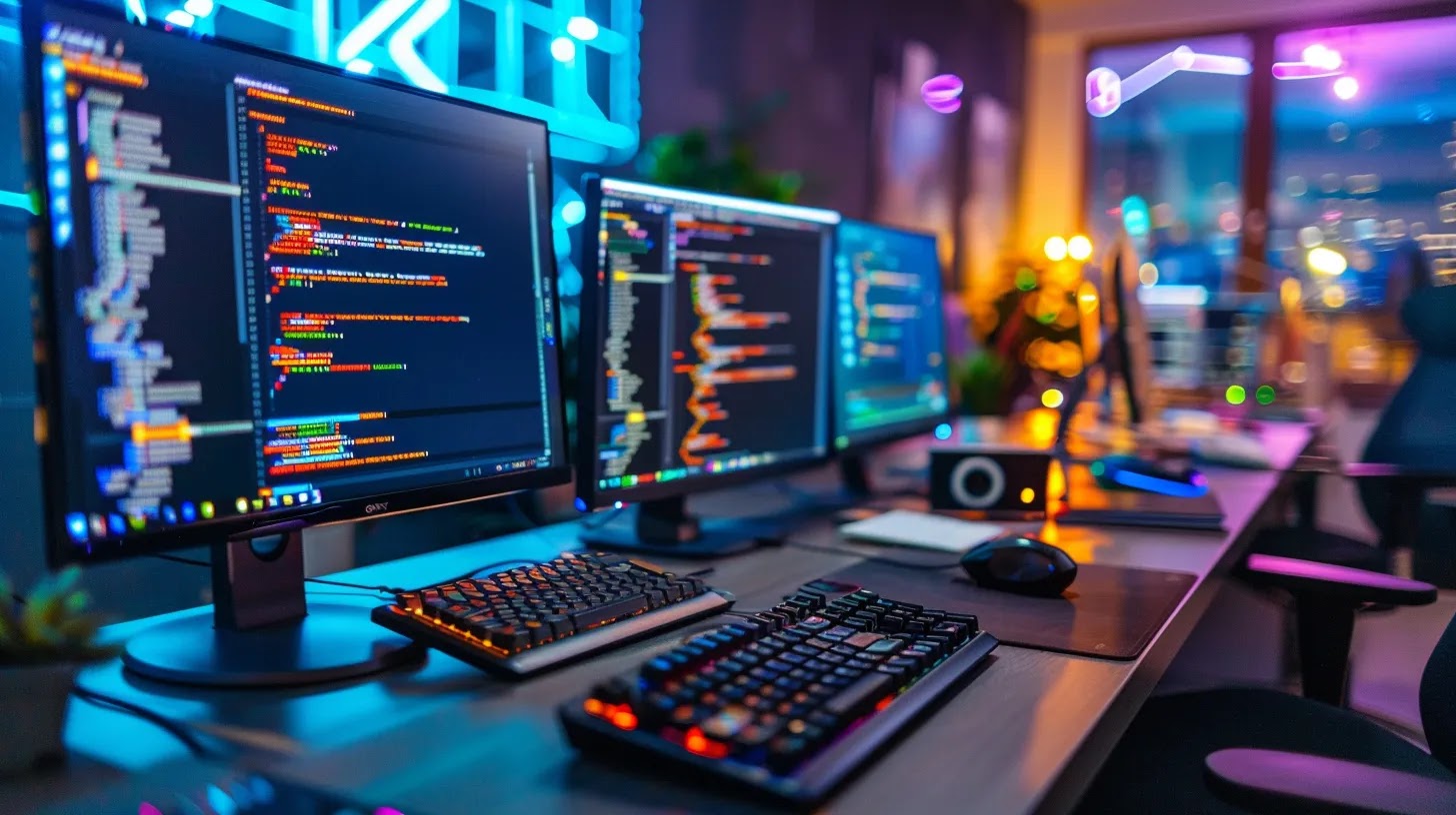 a sleek, modern office workspace features multiple computer monitors displaying vibrant, colorful digital interfaces, each encapsulated in distinct virtual 