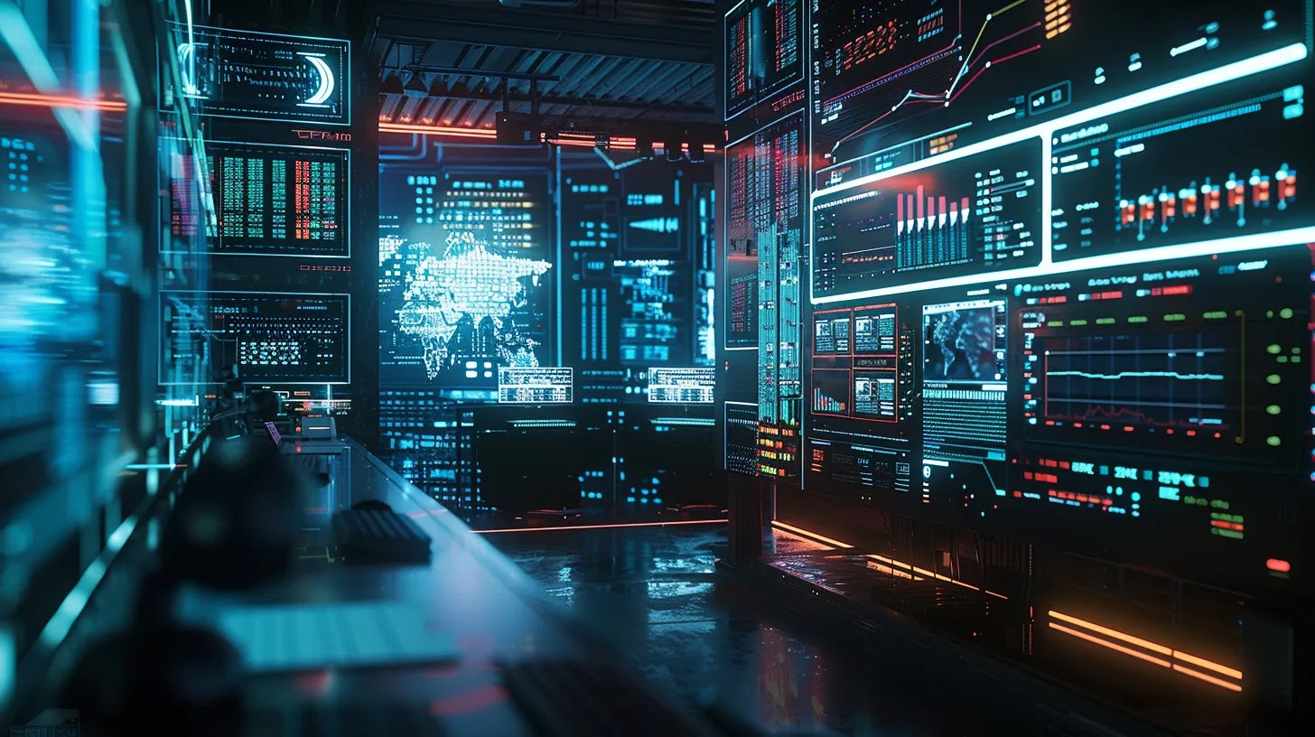 a sleek, modern cybersecurity operations center illuminated by dynamic screens displaying real-time indicators of compromise, capturing the intensity of digital vigilance in a high-tech environment.