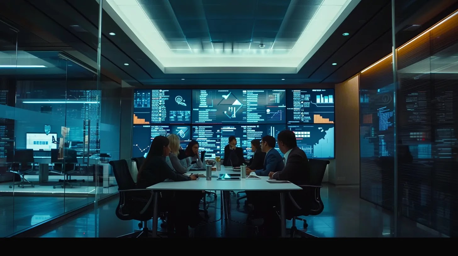 a sleek, modern office environment features a diverse team gathered around a high-tech conference table, engaging in a dynamic discussion about mobile device management systems with digital screens displaying graphs and security metrics, emphasizing collaboration and innovative technology.