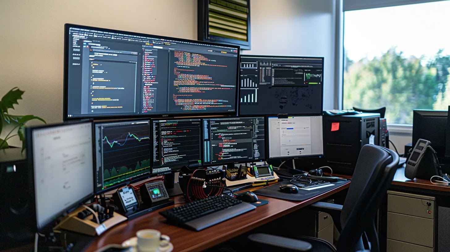 a sleek, modern office workspace features multiple high-resolution monitors displaying complex code and digital security graphics, emphasizing the sophistication of sandboxing techniques in enhancing cybersecurity against malware and exploits.