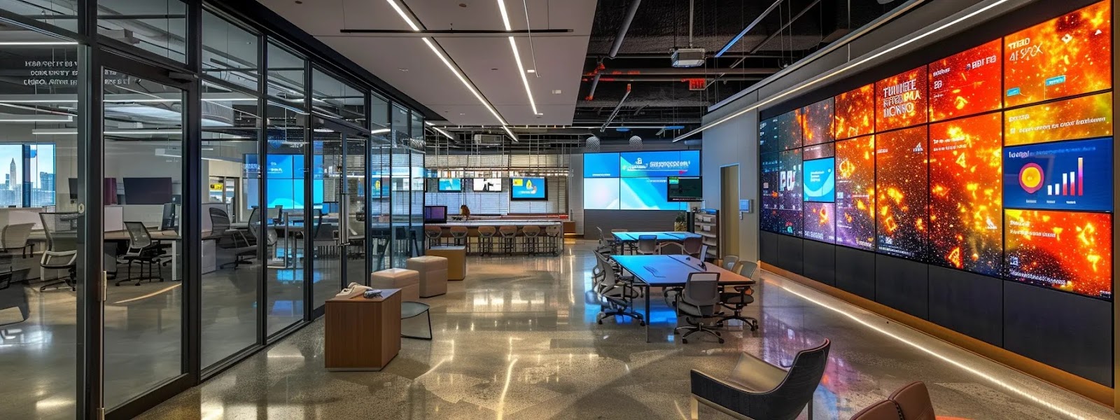 a dynamic, illuminated office environment showcases a diverse team collaborating on screens, symbolizing the impactful implementation of role-based access control through vibrant visual graphs and digital interfaces.