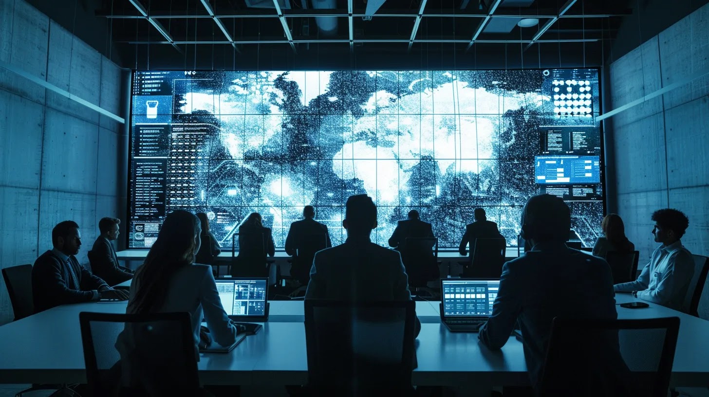 a sleek, modern office setting showcases a diverse group of professionals engaged in a collaborative discussion around a large screen displaying complex cloud security data and insights, emphasizing the importance of understanding cspm tools in today's cybersecurity landscape.