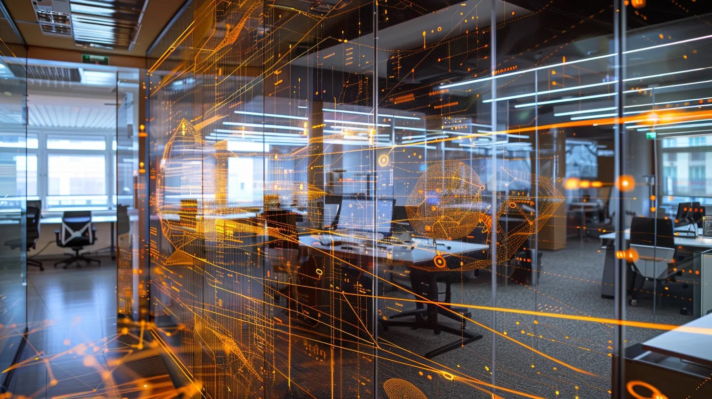 a high-tech office environment showcases a digital display of a honeypot and honeynet architecture, with glowing network connections and data streams vividly illustrating the interaction between decoy systems and cybercriminals.