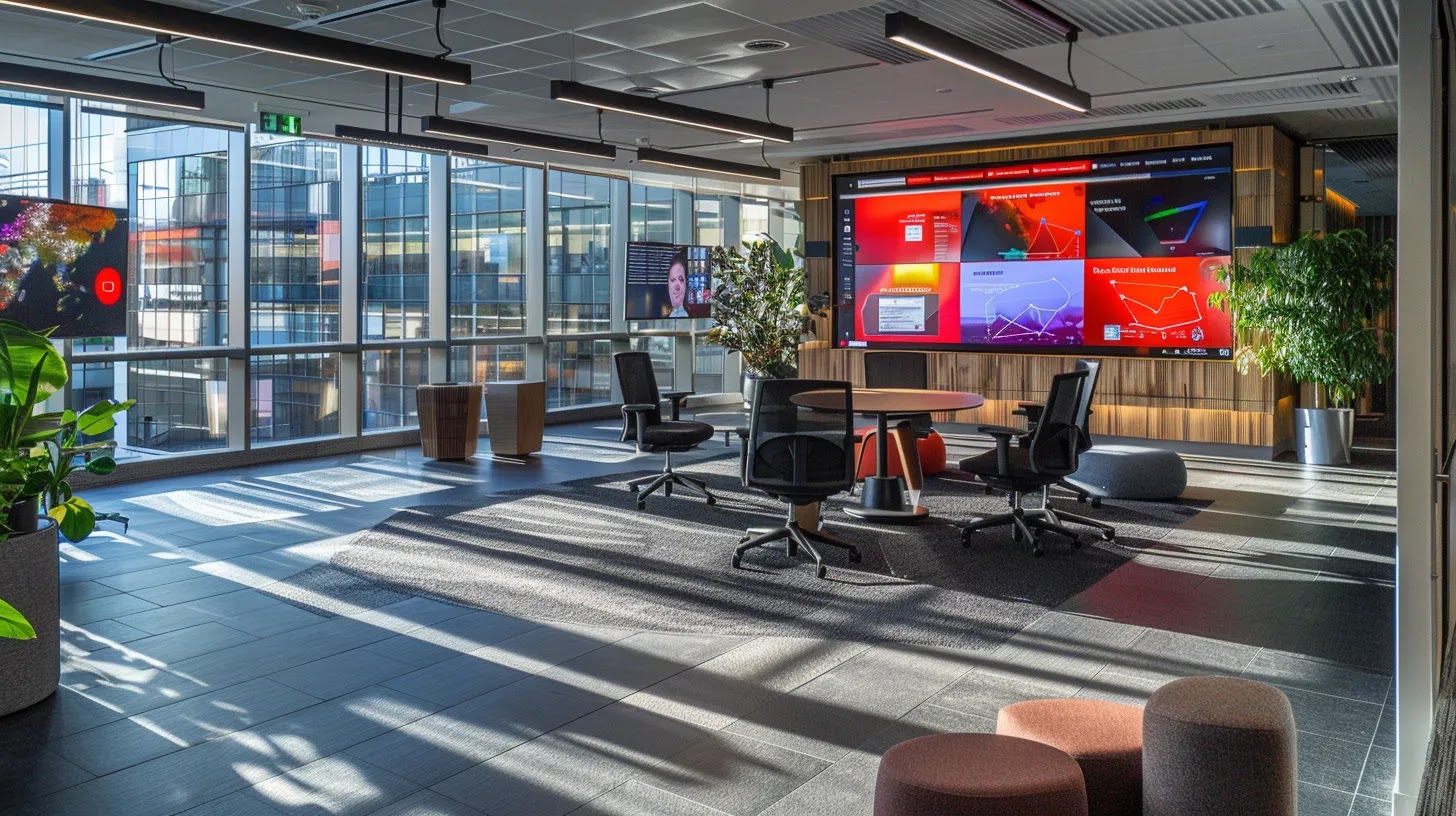 a modern office space equipped with multiple large screens displaying real-time cybersecurity analytics and digital security icons, showcasing advanced technology solutions for combating removable media threats.