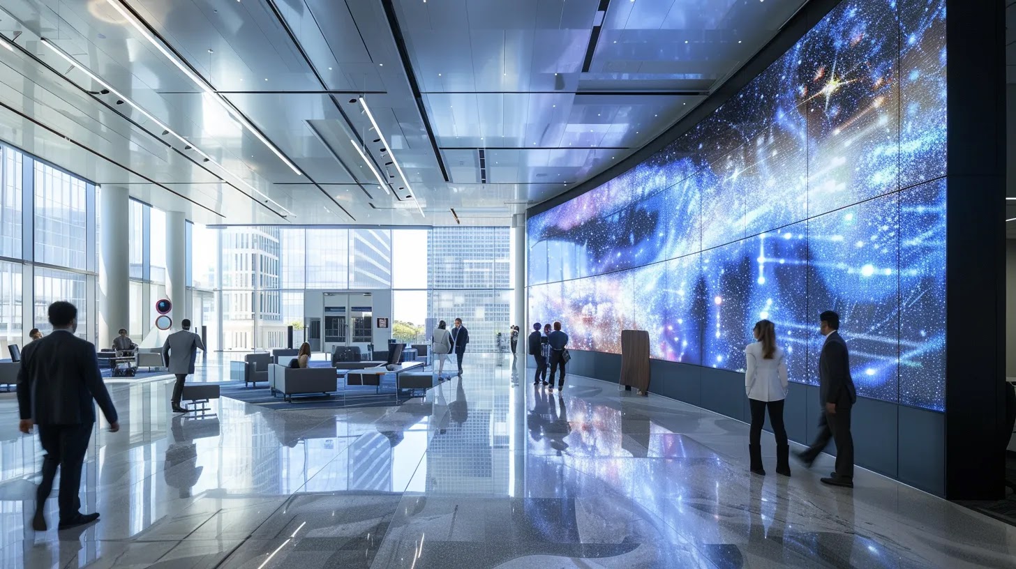 a sleek, high-tech office environment featuring a large digital screen displaying real-time data analytics and visualizations related to future trends in mobile device management, with professionals engaged in strategic discussions around advanced cybersecurity practices.
