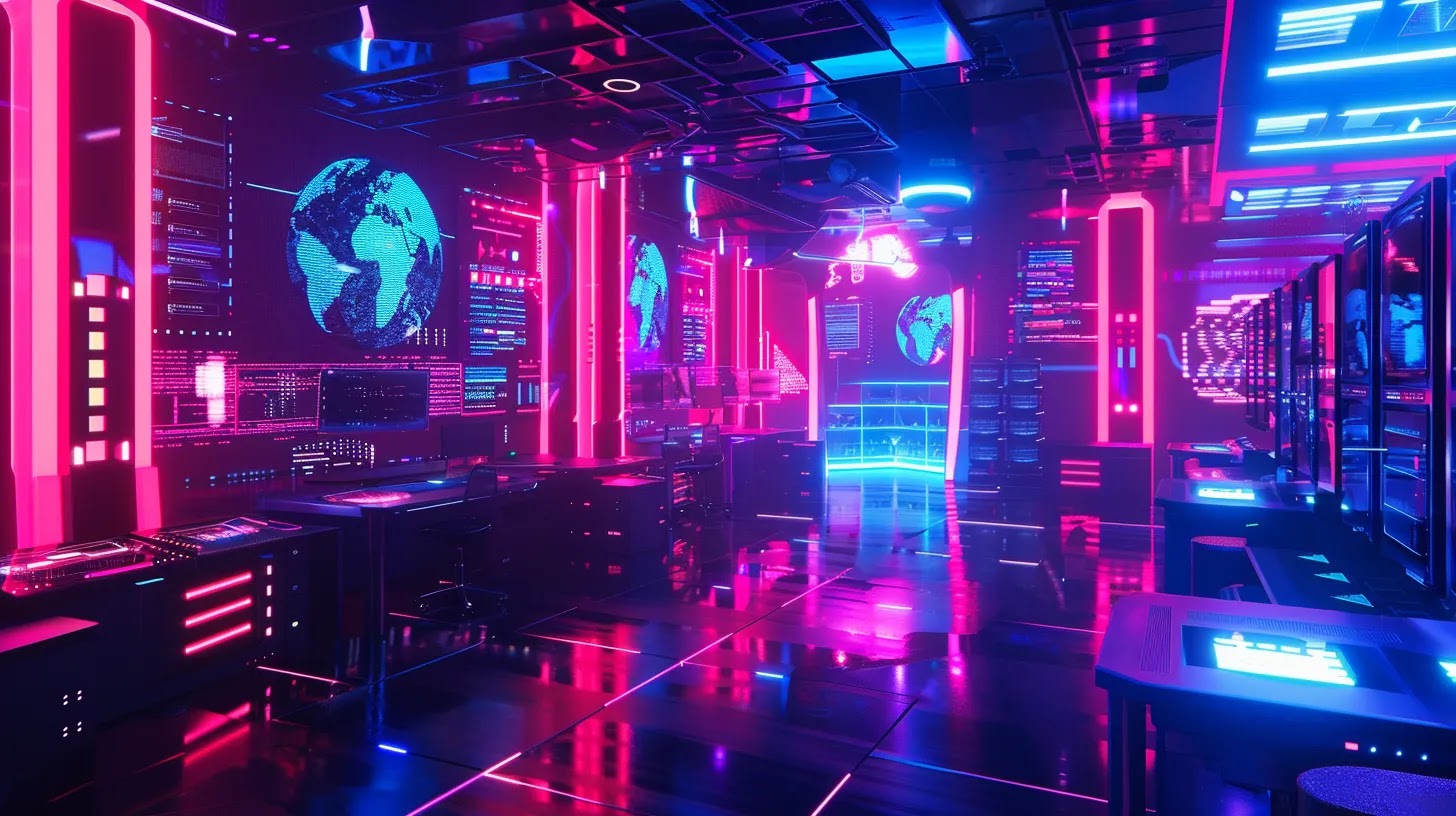 a futuristic office space featuring sleek monitors displaying advanced sandboxing technologies, with data security metrics and firewall visuals in a digital interface illuminated by vibrant neon lighting.