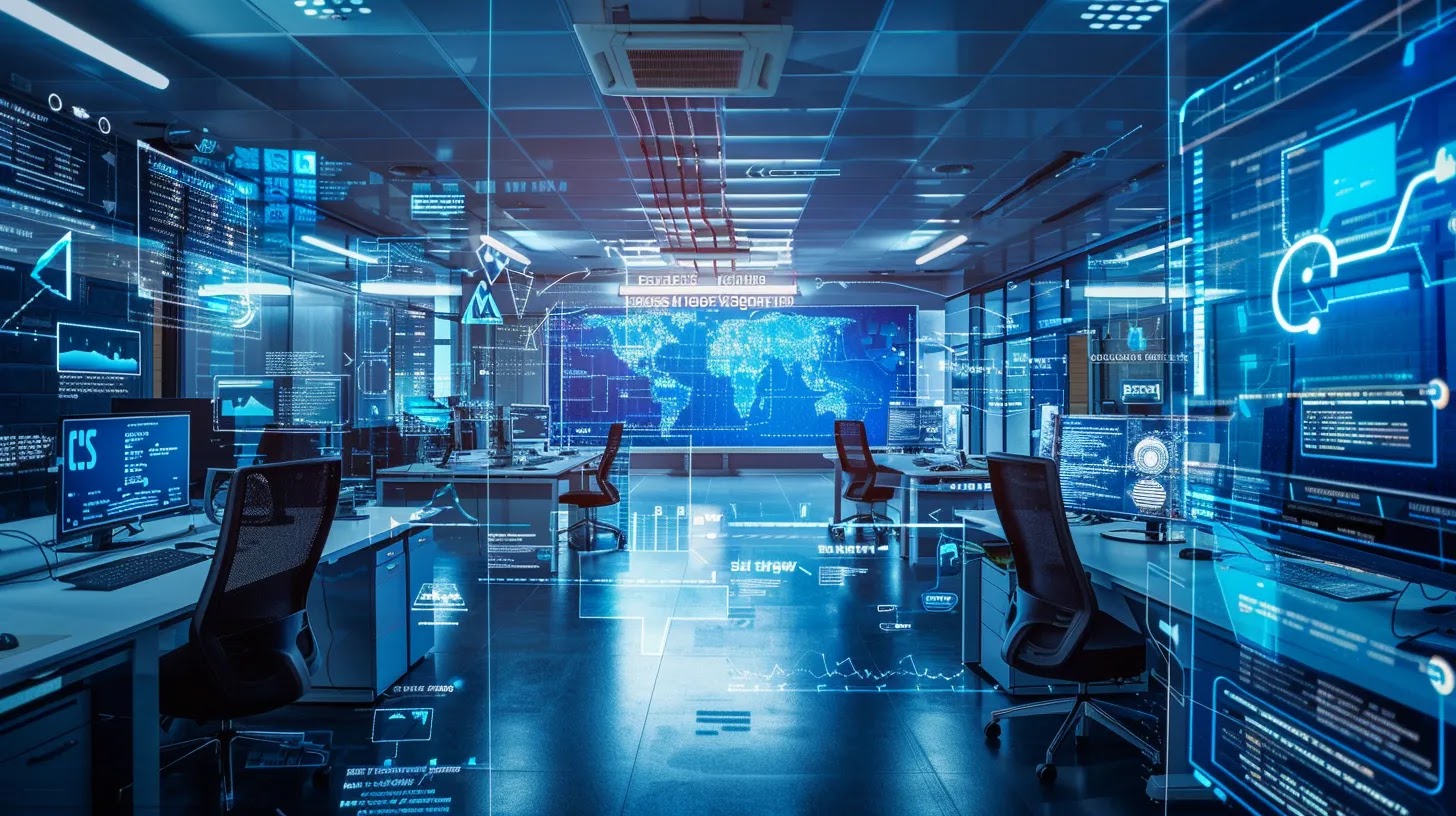 a sleek, modern office workspace features multiple screens displaying the layered osi model, with vivid graphics illustrating data encapsulation and secure transmission pathways, all under dynamic led lighting that highlights the technological theme.