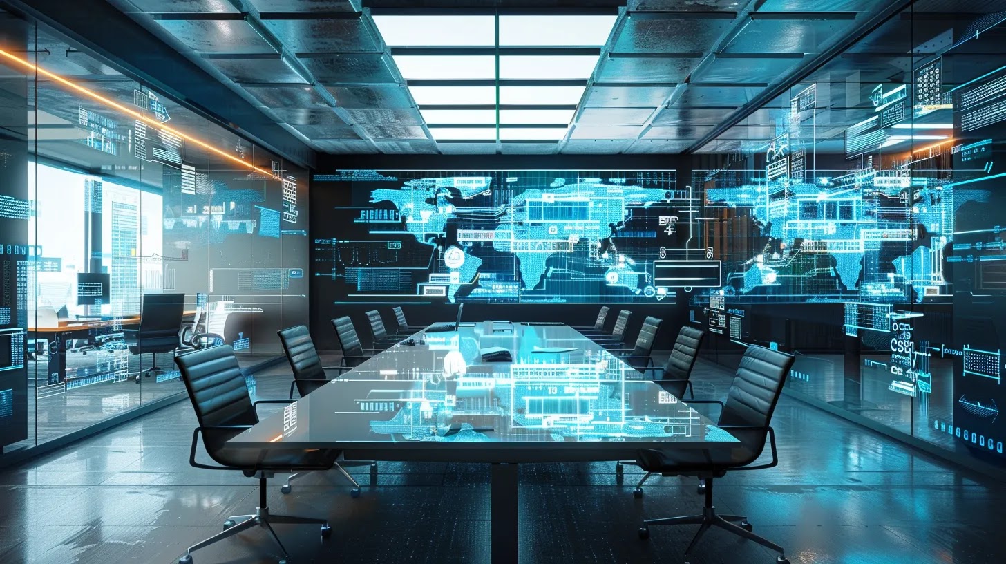 a sleek, modern conference room filled with high-tech displays and digital diagrams vividly illustrating the layers of the osi model, emphasizing the complexity of network security in a collaborative workspace.