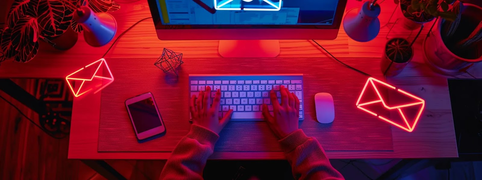 a person typing on a computer with a realistic-looking email scam displayed on the screen, surrounded by warning signs in bold red colors.